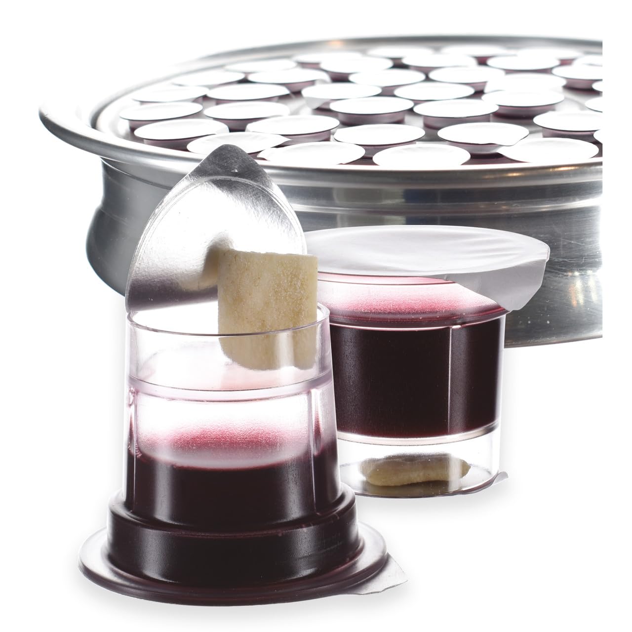 Simply Prefilled Communion Cups and wafer set - Tray & Seatback Pew Compatible - Concord Juice & Bread - Box of 600 - Easy Open 2-part system - Made in the USA - comuni?n cups and bread