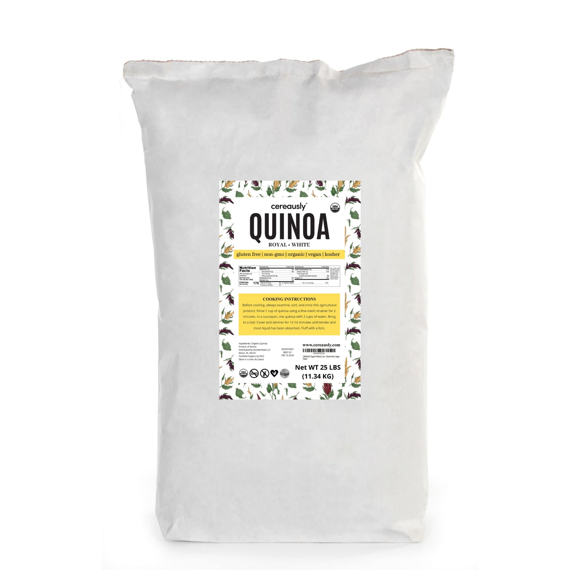 Cereausly Organic White Quinoa - Top-Grade Royal Quinoa From Bolivia - Kosher And Non-Gmo Quinoa Bulk - Vegan And Gluten-Fee Cooking Quinoa - 25 Lb