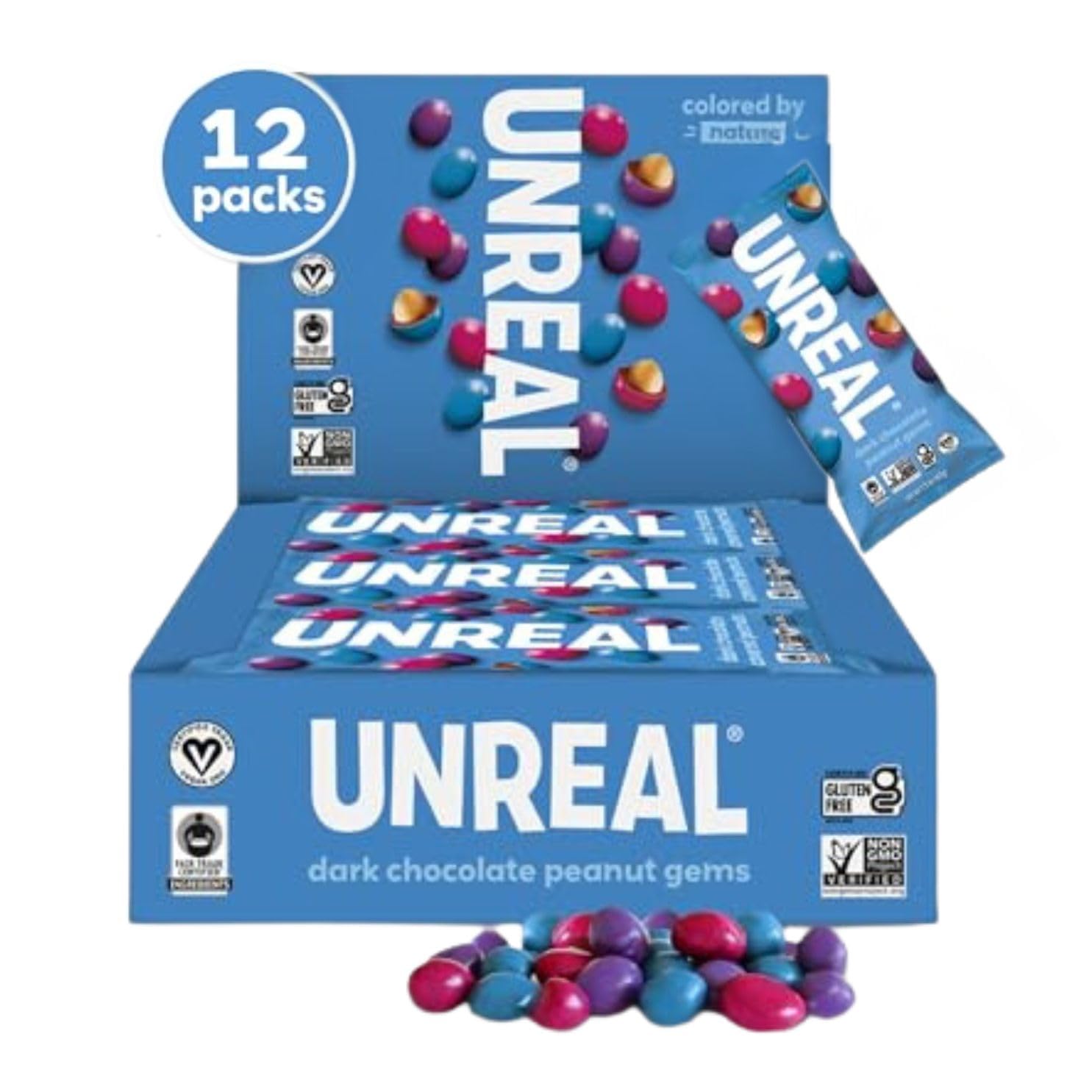Unreal Dark Chocolate Peanut Gems | Certified Vegan Fair Trade, Non-Gmo | Made With Gluten Free Ingredients And Colors From Natu