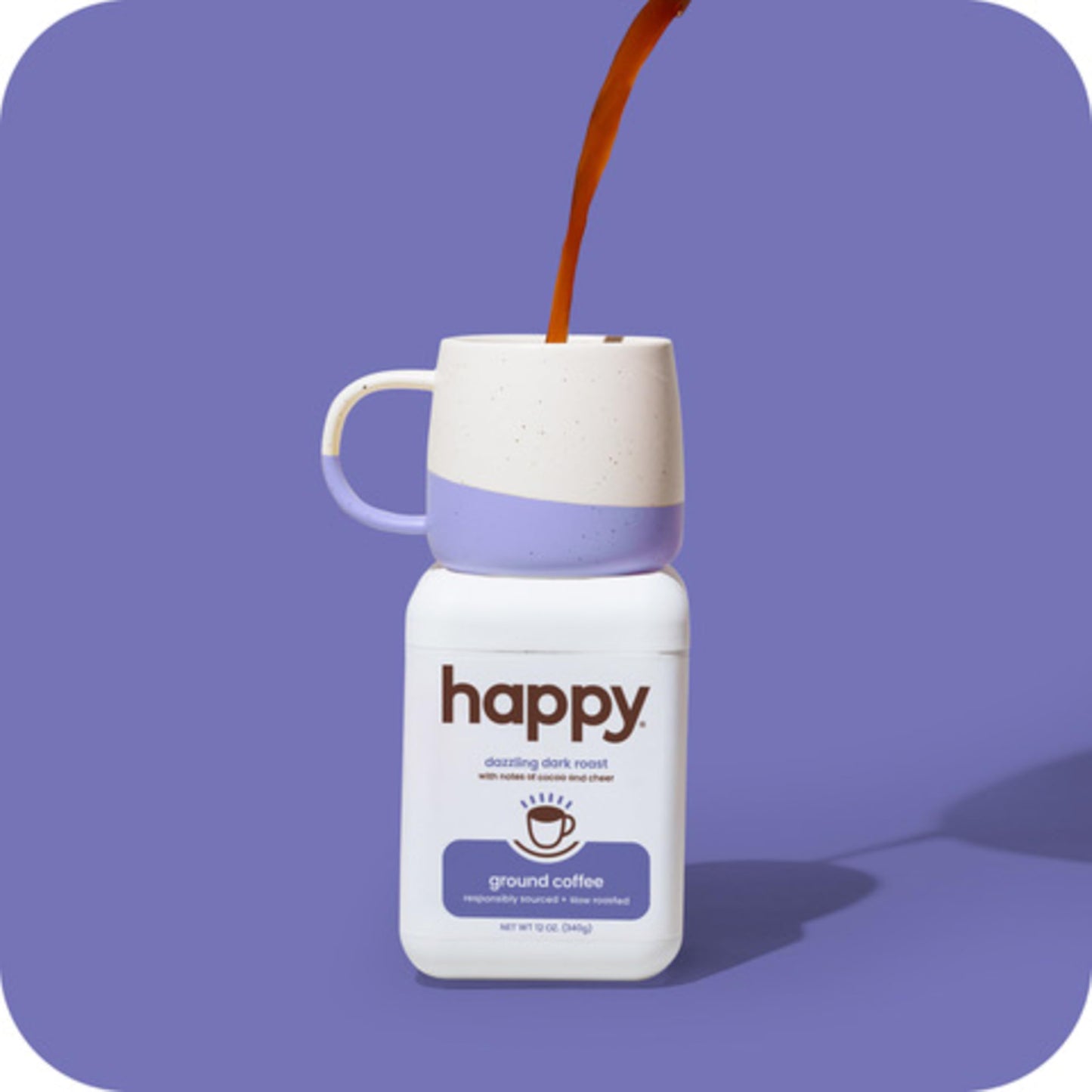 happy coffee dark roast ground coffee, 12 oz., notes of cocoa & cheer, recyclable container, grown & harvested in Brazil, Rwanda