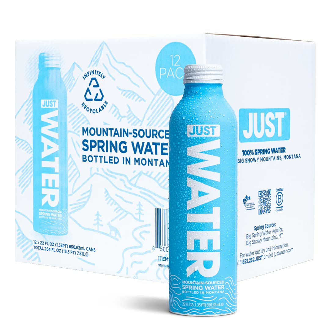 JUST Water  enhanced Pure Still Spring Water in an infinitely recyclable aluminum bottle- Naturally Alkaline  High 8.0 pH - Fully Recyclable canned water  22 Fl Oz (Pack of 12)