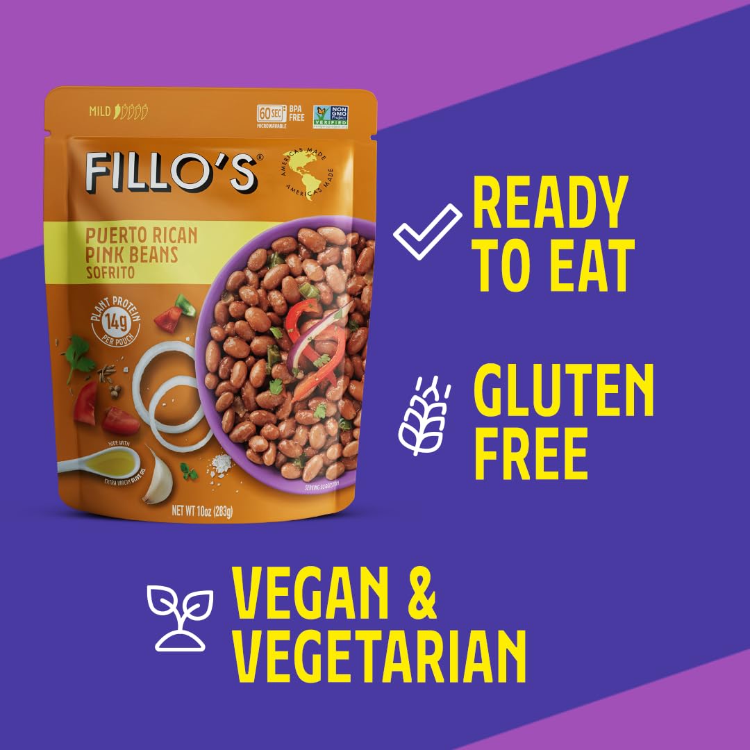 Fillo'S Puerto Rican Pink Beans, Ready To Eat Sofrito Beans, 10 Oz Pk Of 6, Gluten-Free, Preservative-Free, Microwavable Meals,