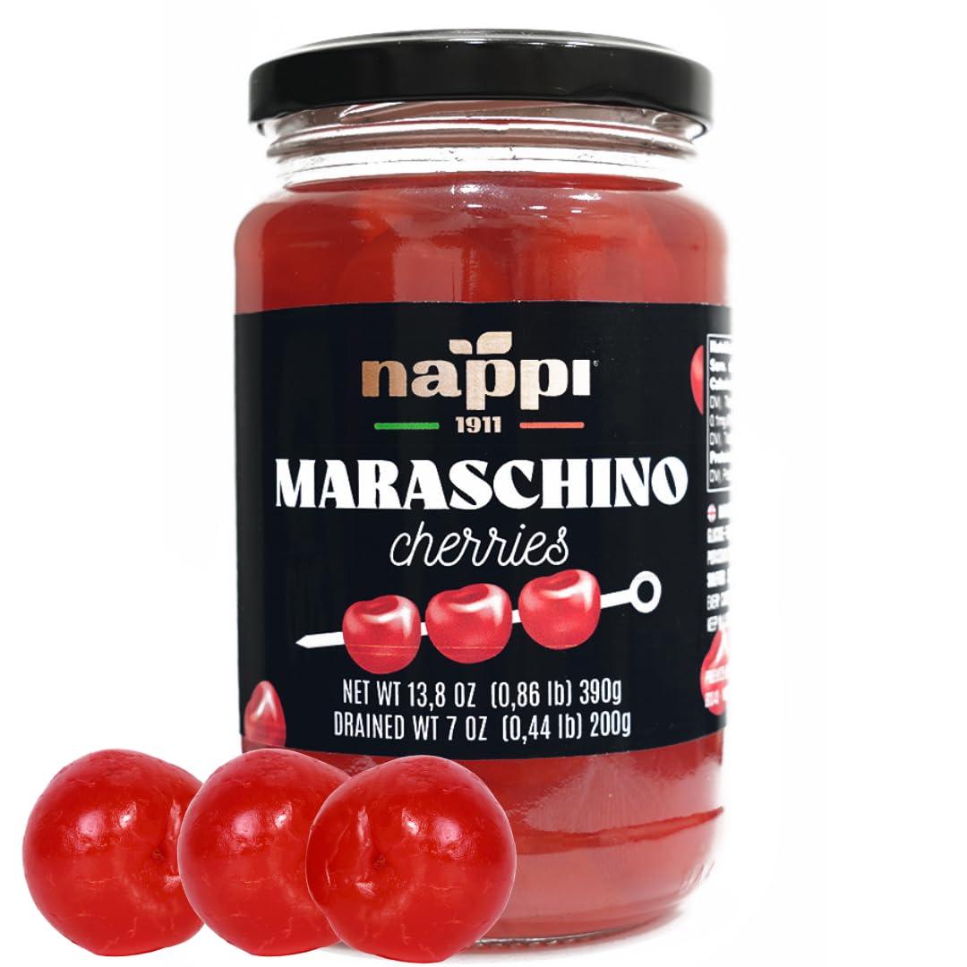 Nappi 1911 Maraschino Cherries without Stems, 14 oz, Product of Italy