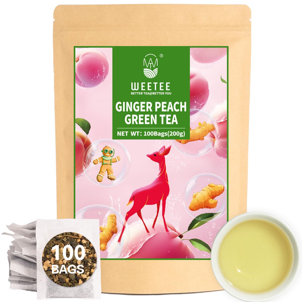 WT WEETEE Ginger Peach Green Tea Bags, Low Caffeine, 100 Count, Fruity Flavor