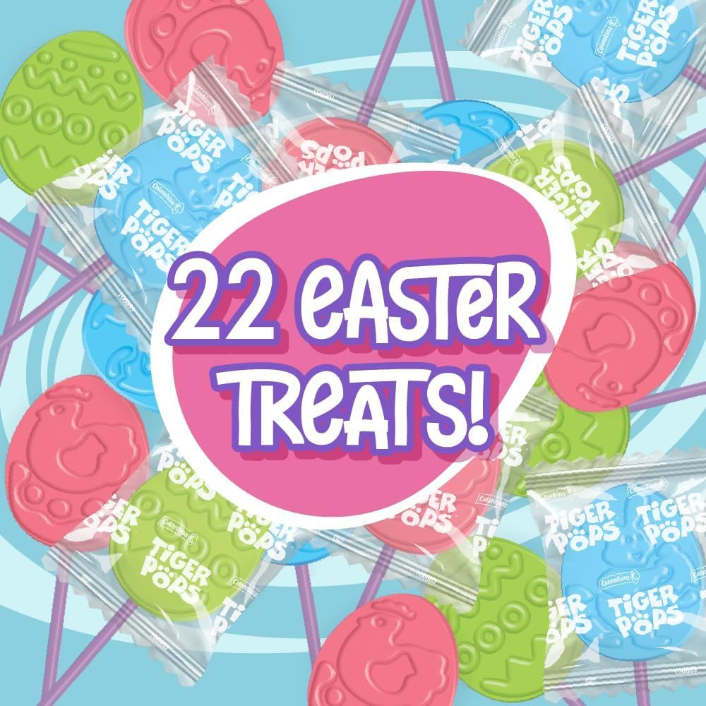 Tiger Pops Assorted Easter Candy, 4-Pack - Individually Wrapped Bulk Lollipops for Kids - Easter Basket and Egg Fillers - 3 Flav