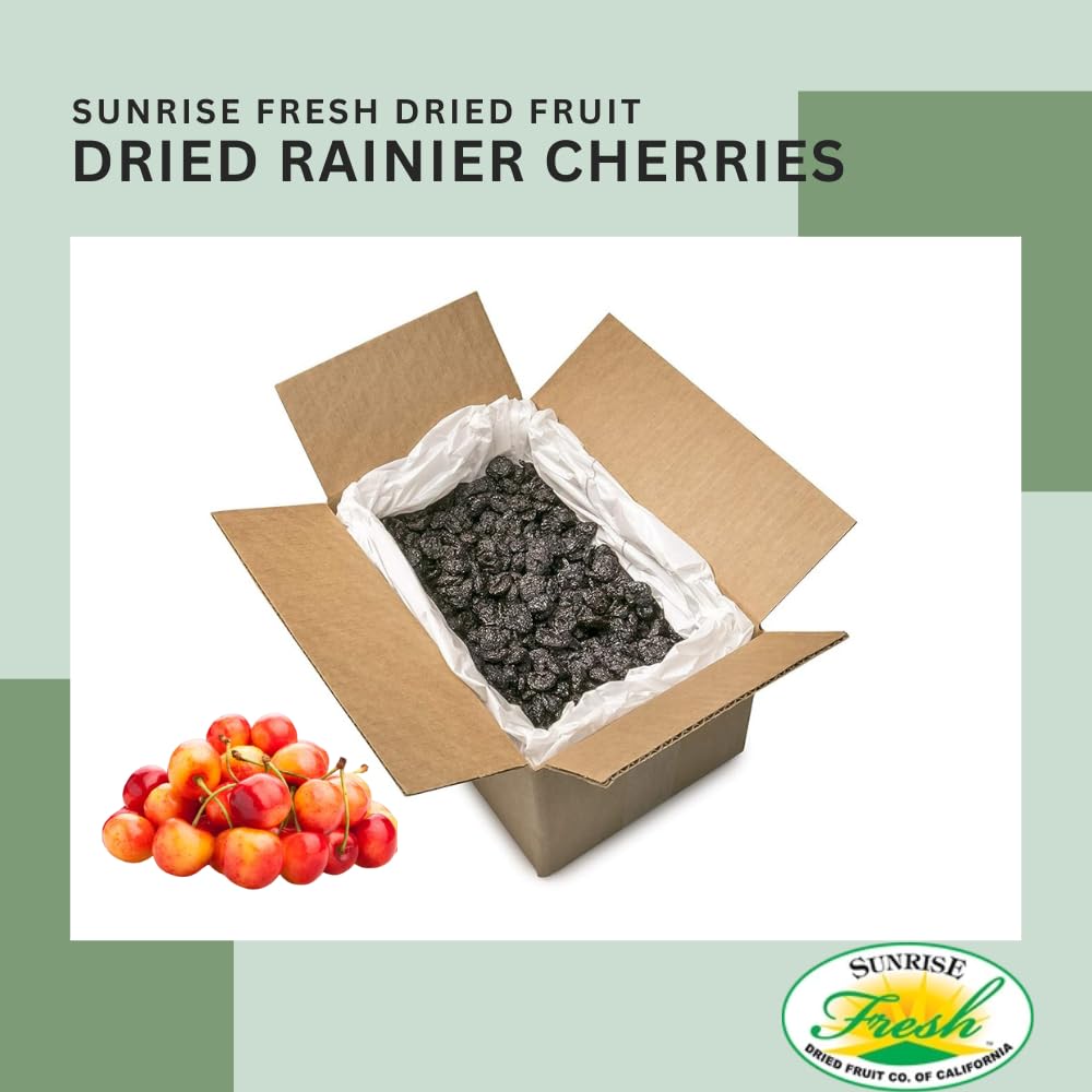 Sunrise Fresh Dried Fruit Company Unsweetened, No Sugar Added Dried Rainier Cherries, 5Lb Bulk Box With Resealable Bag