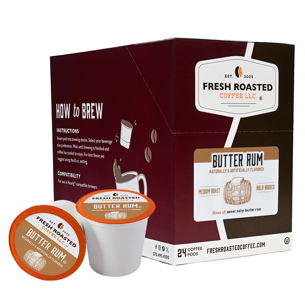 Fresh Roasted Coffee Butter Rum Flavored Coffee Pods K-Cup Compatible 24 Count