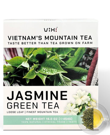 Vixi Jasmine Green Tea Loose Leaves, 16 Oz, Jazmine Flavored, Unsweetened, Caffeinated, 100% Natural From Ancient Leaf Tea Tree,