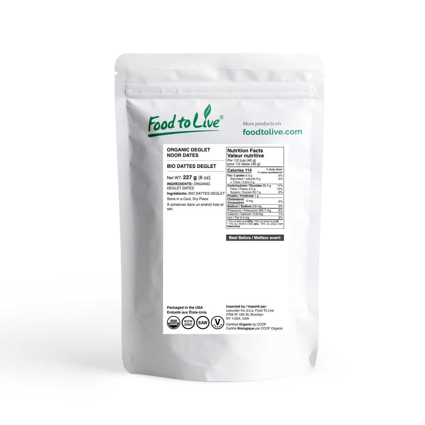 Food to Live Organic Deglet Noor Dates, 8 Ounces - Pitted, Non-GMO, Soft & Juicy, Unsulfured, Raw, Dried Fruit, No Sugar Added,