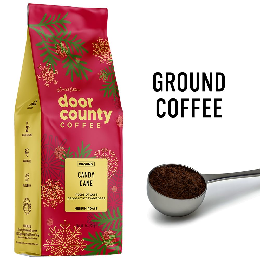 Door County Coffee Candy Cane Flavored Coffee Ground, Medium Roast, 8oz Bag