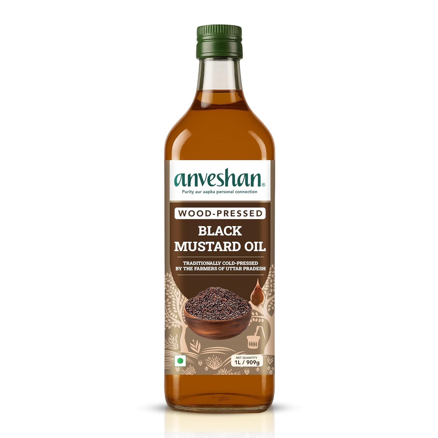 Anvesh Wood Pressed Black Mustard Oil - 1000ml/33.8 Oz, Kolhu/Kacchi Ghani/Chekku, Natural, Chemical-Free (Plastic Bottle)