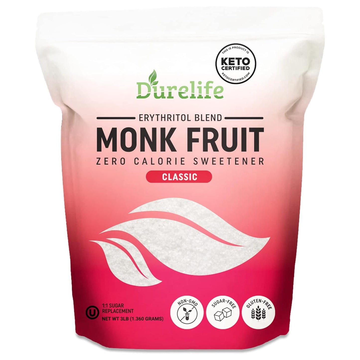 Durelife Monk Fruit Sweetener, Classic - White Sugar Substitute, Keto Diet Friendly, 1:1 Sugar Replacement, Zero Calorie, White Sugar Substitute, Classic White - 3 Lb (Packaging May Vary)