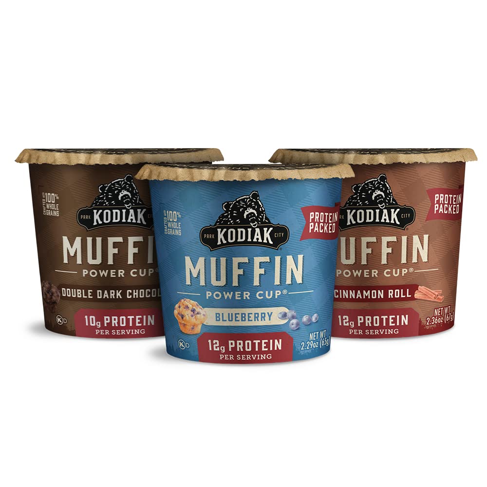 Kodiak Cakes Minute Muffin Cup Variety Pack - 100% Whole Grains, Double Dark Chocolate, Blueberry & Cinnamon Roll (Pack Of 12)