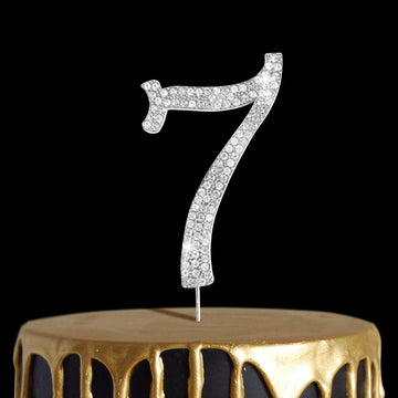Number Cake Topper 7, Uniideco Silver Rhinestone Premium Metal Bling Bling Cake Decor, Sparkly Happy Birthday Wedding Anniversar