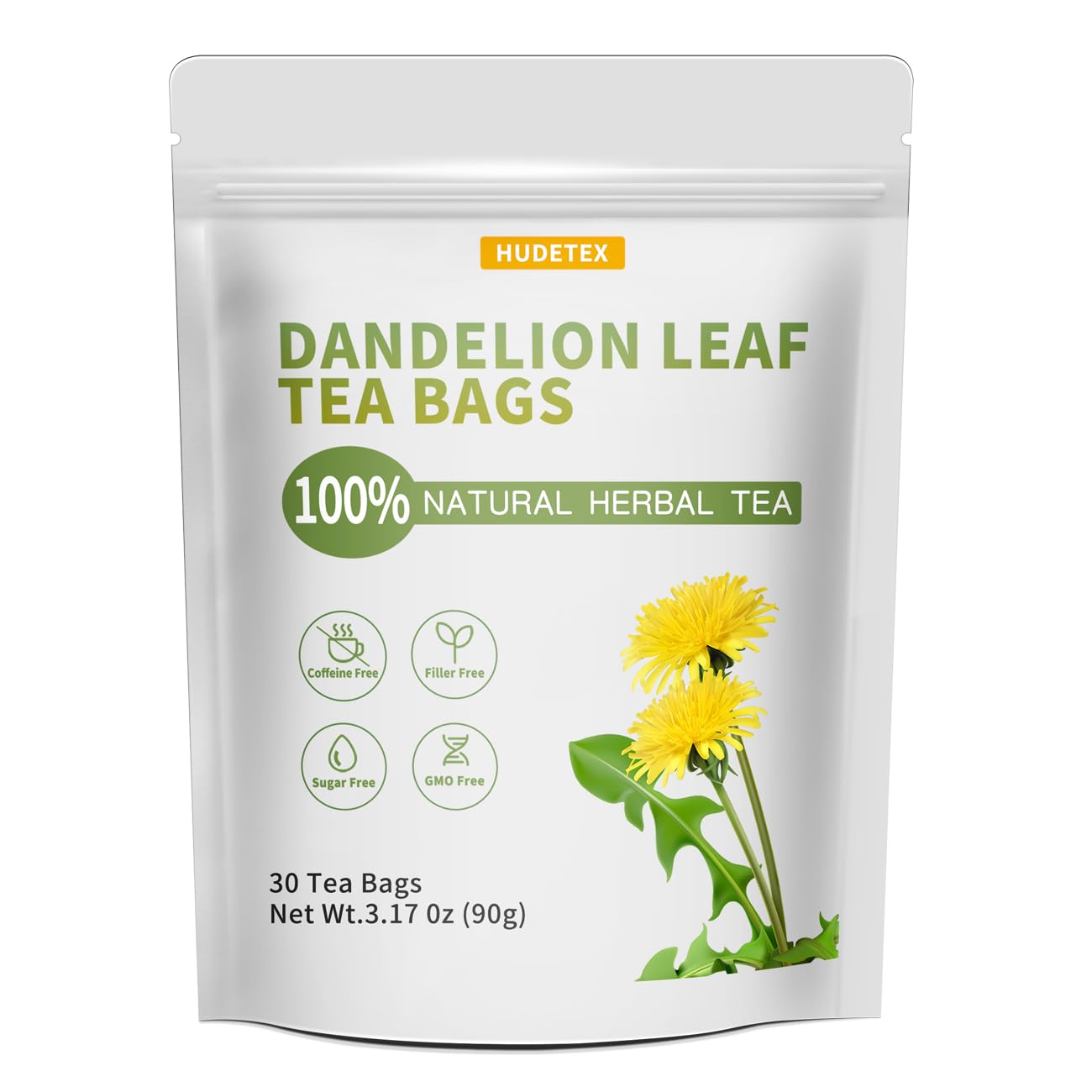 Hudetex Organic Dandelion Leaf & Root Tea Bags, Caffeine Free, 30 Bags, Resealable