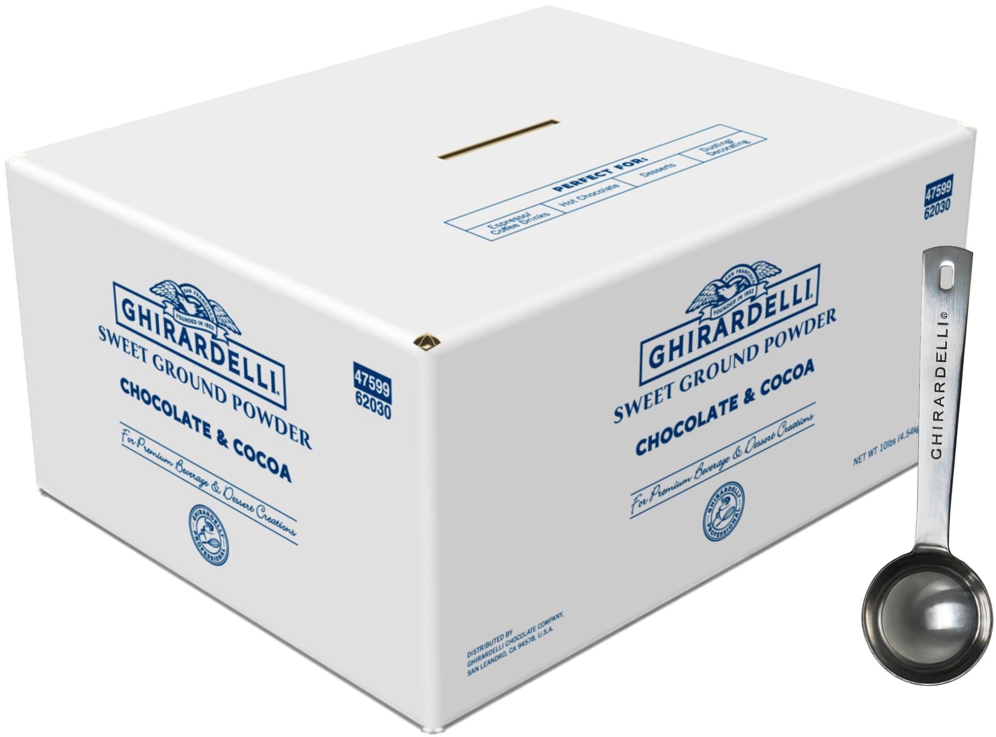 Ghirardelli Sweet Ground Chocolate & Cocoa Gourmet Powder  10 Lb Box With Ghirardelli Stamped Barista Spoon