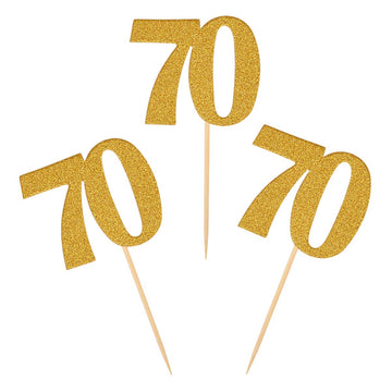 Donoter 50Pcs 70Th Cupcake Toppers Gold Glitter Number 70 Cake Picks For Birthday Anniversary Party Decoration