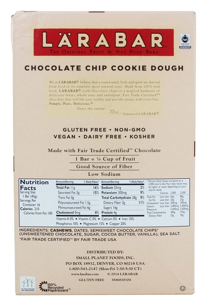 LÄRABAR Gluten Free Chocolate Chip Cookie Dough Bar, 1.6 oz, 16 Count