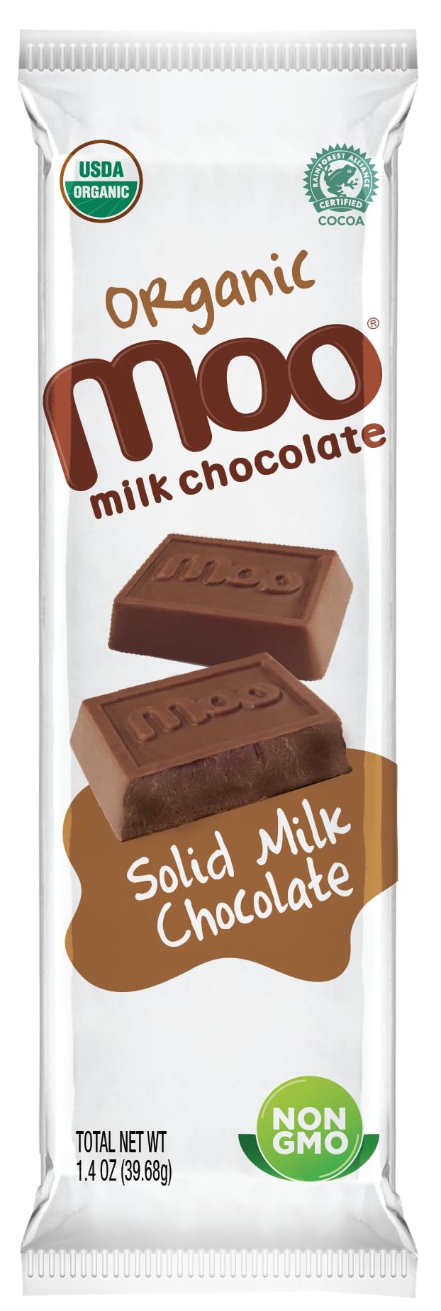 MOO CHOCOLATES Organic Solid Milk Chocolate Bars, 1.4 oz, 14 ct, USDA Organic, Non-GMO Snacks for On-the-Go and Lunchboxes