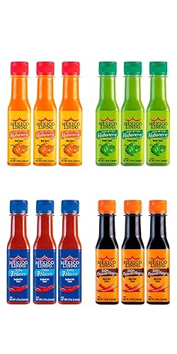 Mexico Lindo Hot Sauce Variety Pack | Includes 3 Bottles Each Of Red Habanero + Green Habanero + 7 Mares + Picante Negra | 5 Fl Oz Bottles (Pack Of 12)