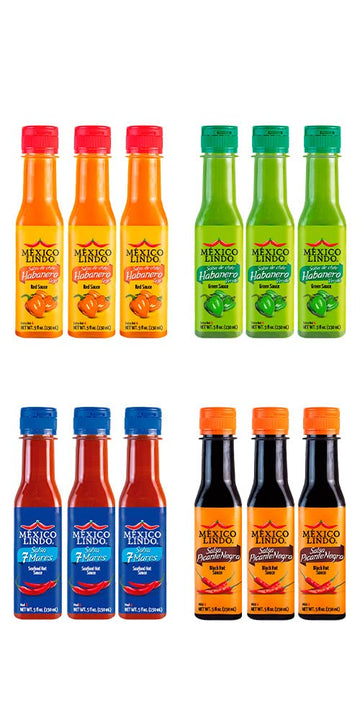 Mexico Lindo Hot Sauce Variety Pack | Includes 3 Bottles Each Of Red Habanero + Green Habanero + 7 Mares + Picante Negra | 5 Fl Oz Bottles (Pack Of 12)