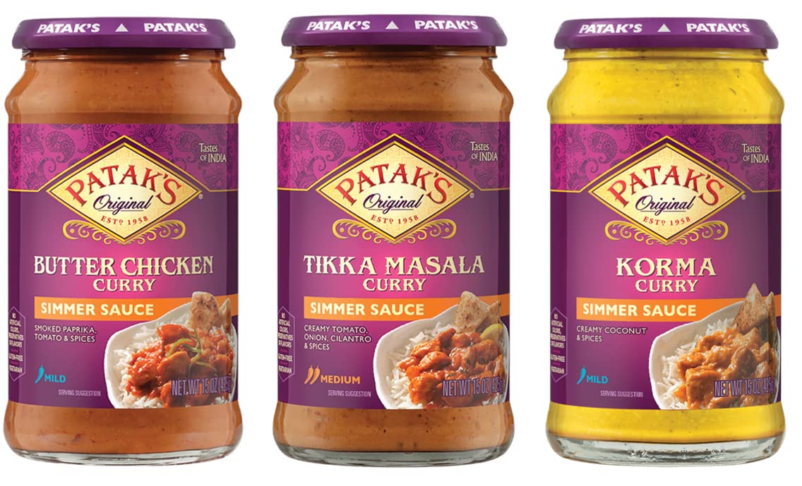 PATAK'S Simmer Sauce, 15 Oz (Pack of 3), Variety Pack (1 Butter Chicken, 1 Tikka Masala, 1 Korma), No Artificial Flavors, Gluten