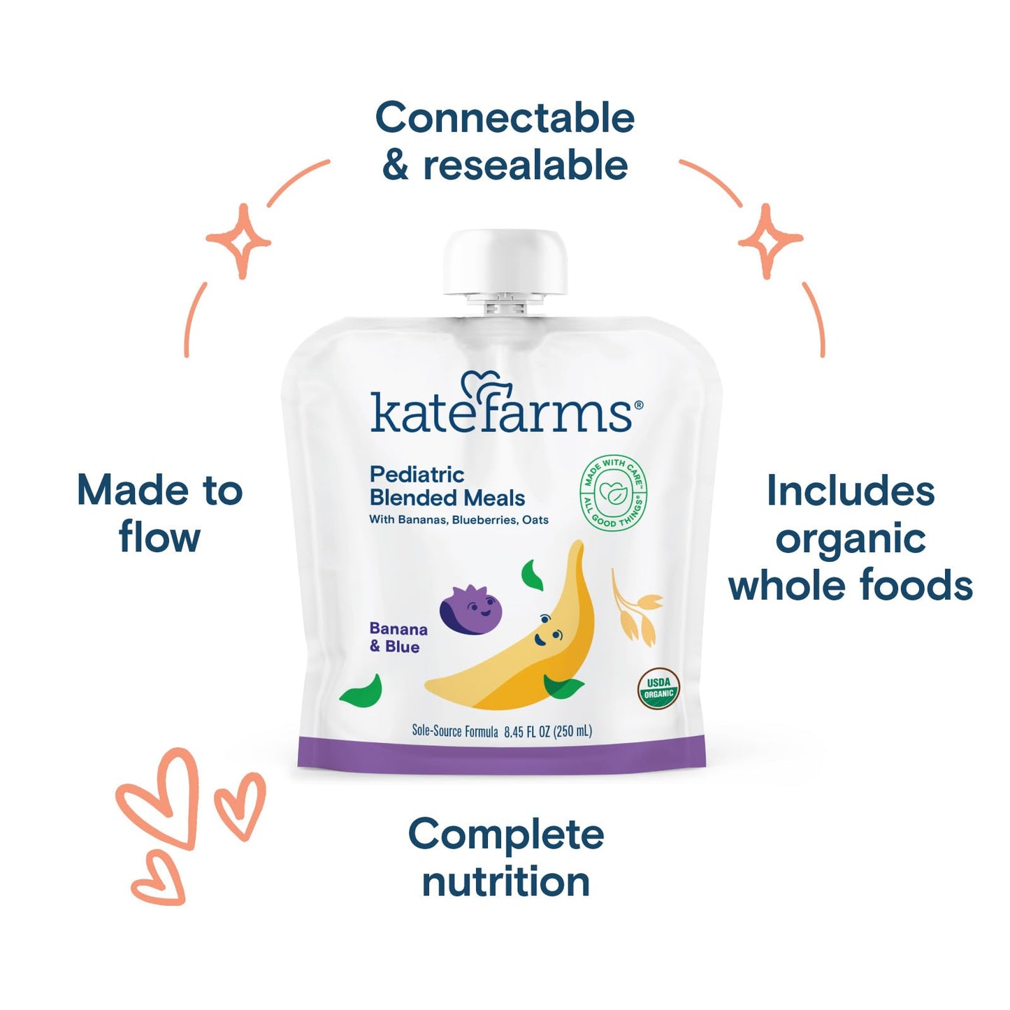 KATE FARMS Organic Pediatric Blended Meal, Bananas and Blueberries, 8g protein, organic whole foods, oral or tube feed nutrition