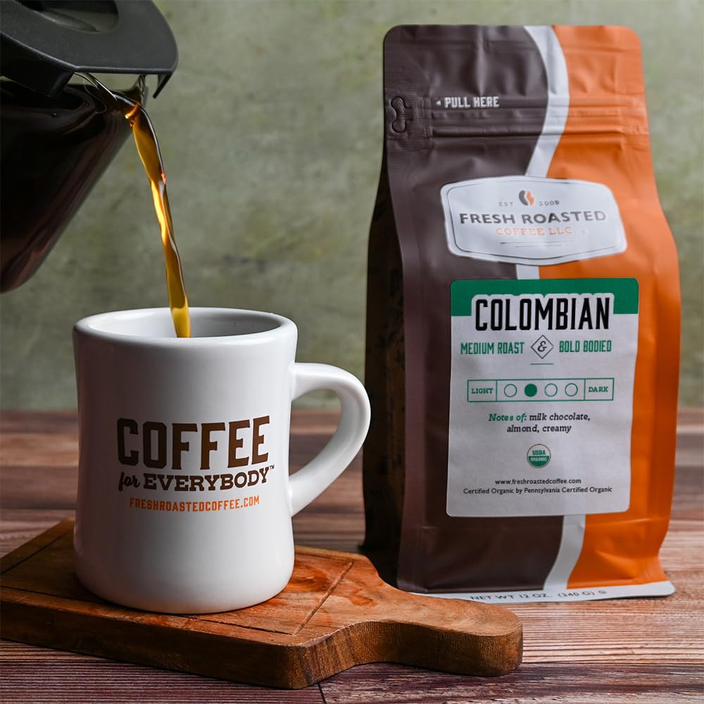 Fresh Roasted Coffee, Organic Colombian, 12 Oz, Medium Roast, Fair Trade Kosher, Ground