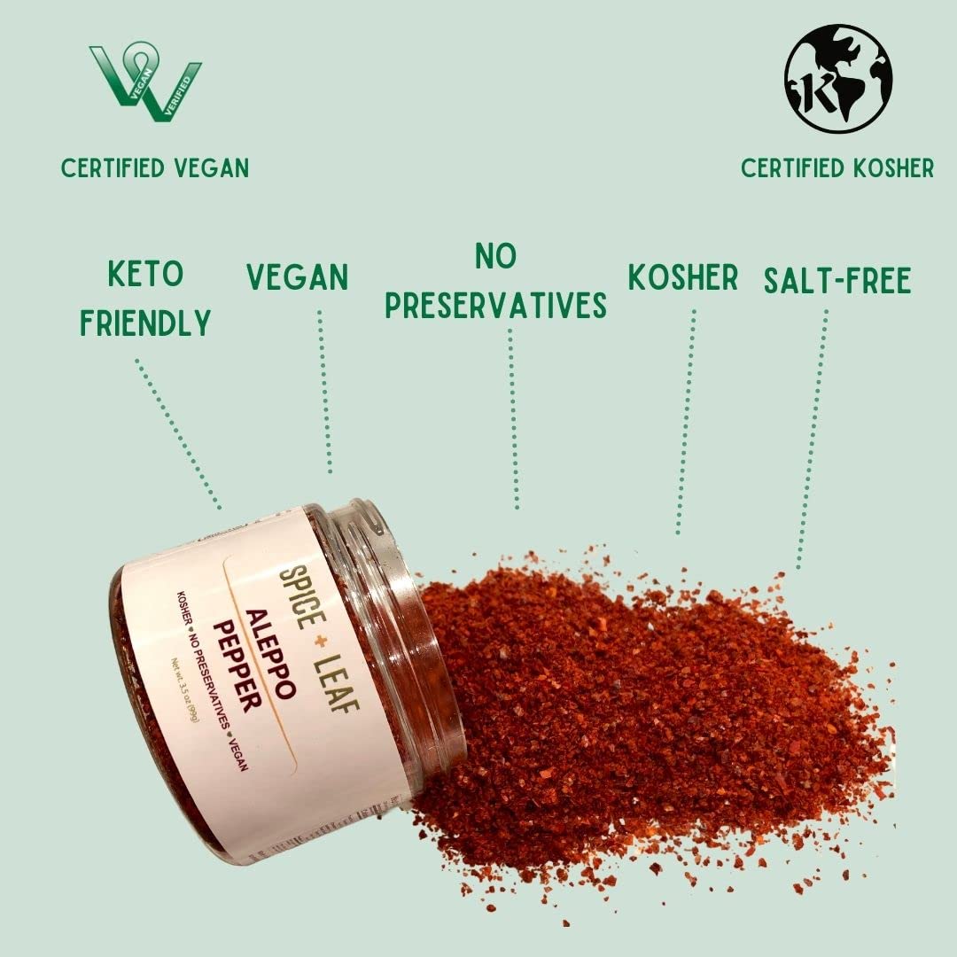 Premium Aleppo Pepper By Spice + Leaf - Vegan Kosher Preservative Free Red Middle Eastern Mild Pepper Flakes, 3.5 Oz