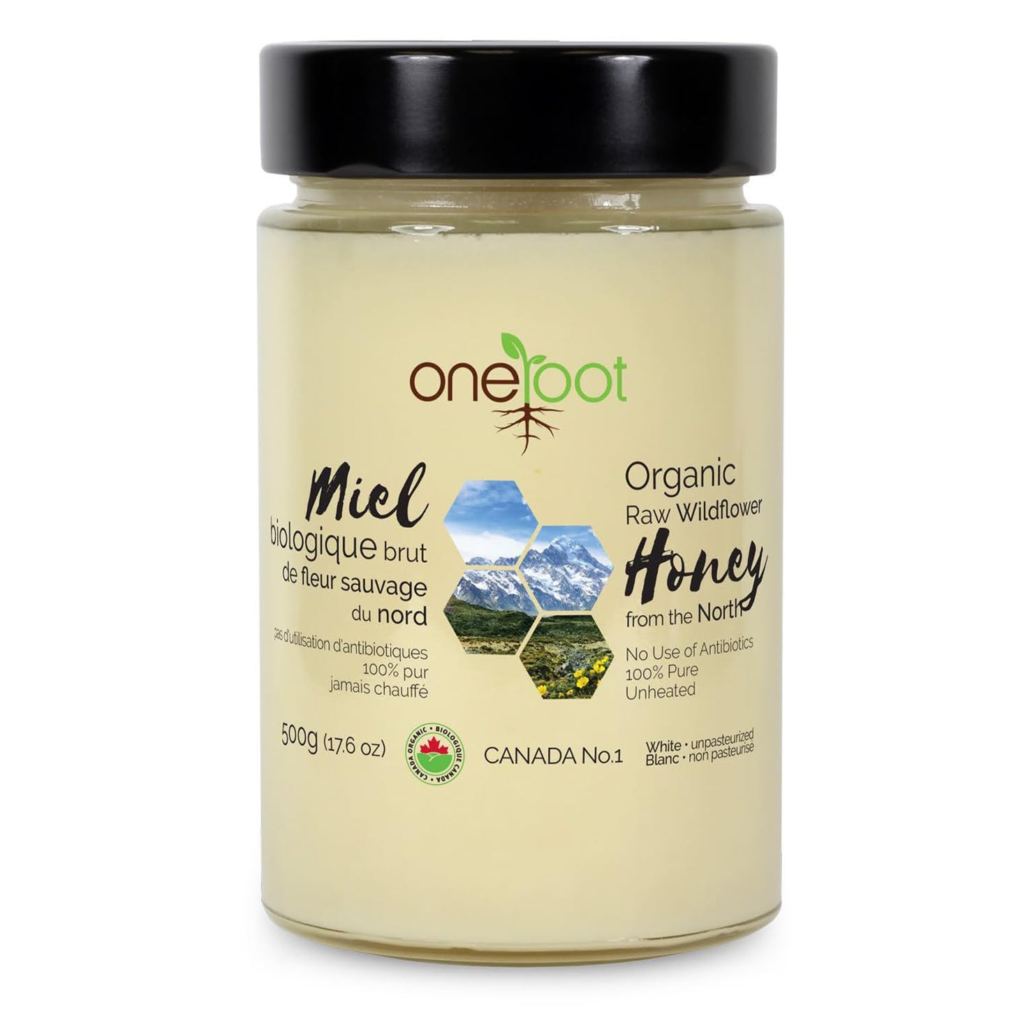 Oneroot 100% Organic Canadian Flower Honey - 17.6 Oz/1.1 Lbs, White Honey Wildflower Unfiltered, Unheated & Creamed, Nutrient Ri