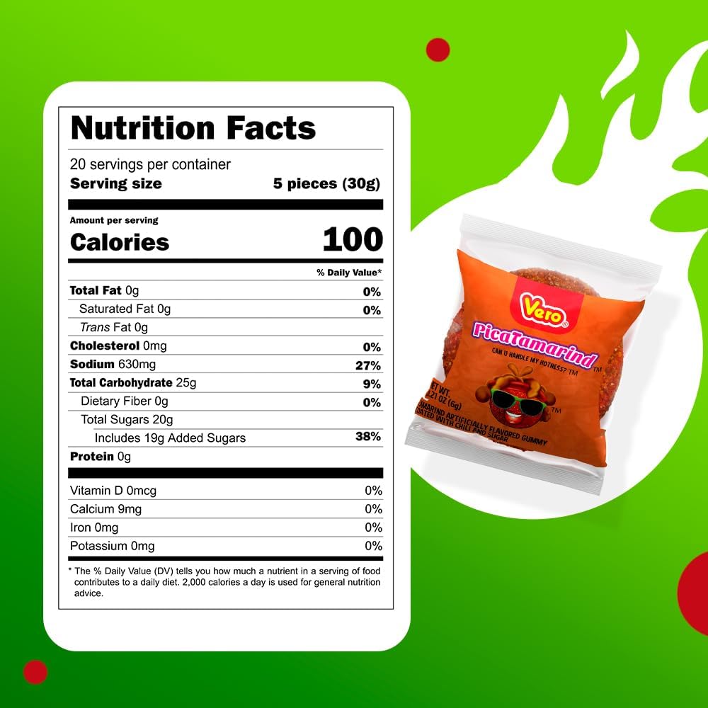 Vero Picatamarind - Tamarind Flavor Chewy Gummy Treats Coated With Chili Powder & Sugar 100 Pieces (5.15 Oz) - Mexican Candy - Individually Wrapped Gummies For Halloween, Piñatas, And More