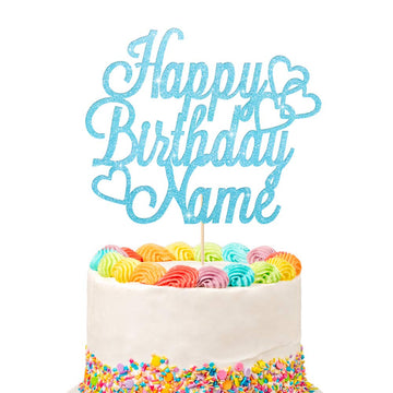 Personalized Happy Birthday Cake Topper | Customized Name Cake Decoration | Double Sided Glitter Card | Baby Blue