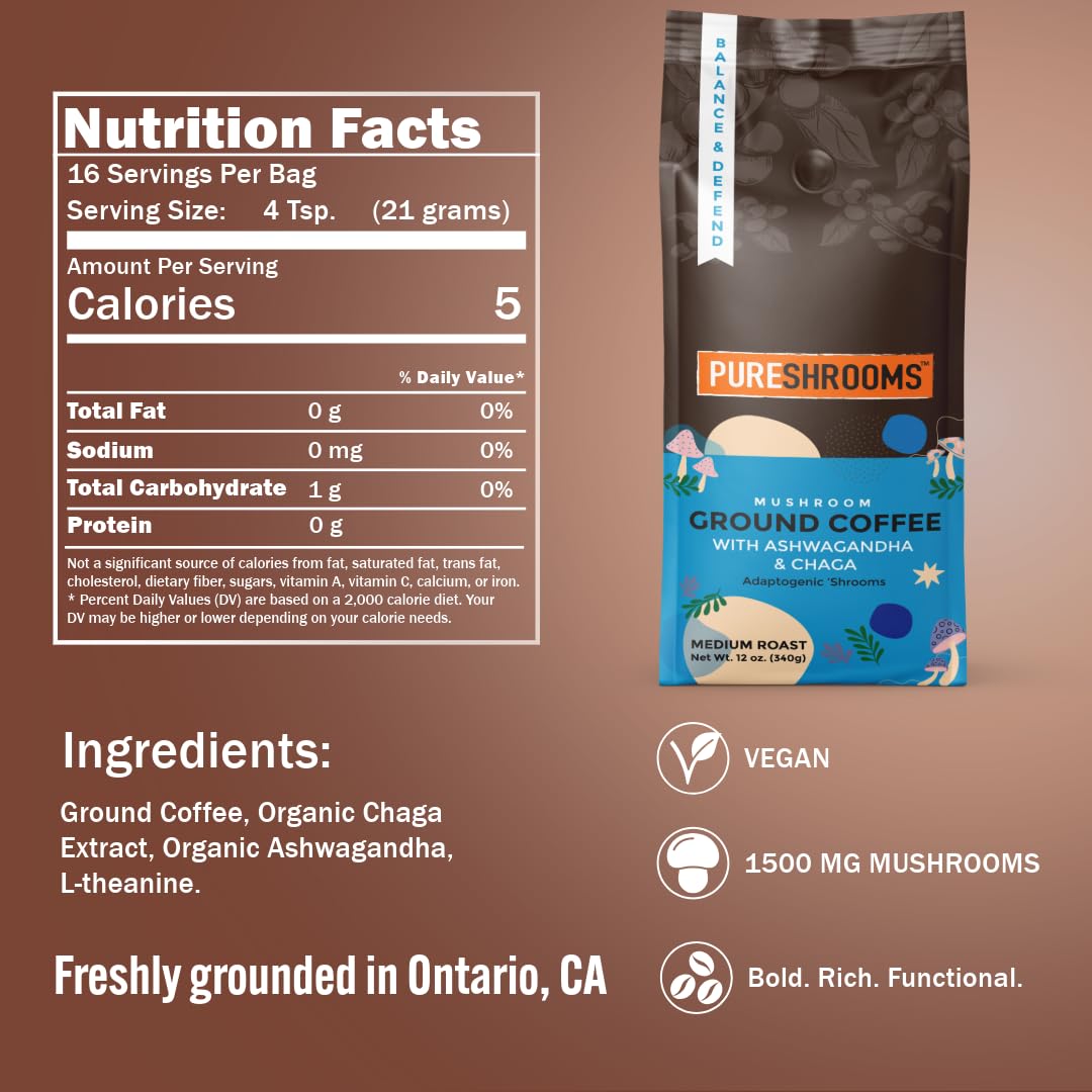 Fresh Mushroom Ground Coffee - Organic Ashwagandha & Chaga - Stress Relief, Mood Enhancer - Herbal Coffee Substitute Alternative