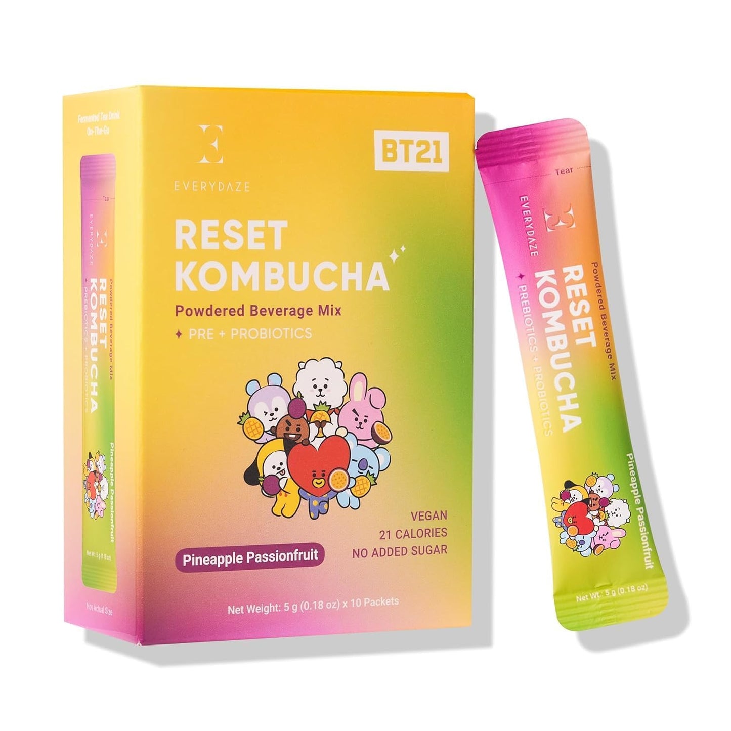E EVERYDAZE BT21 Kombucha Tea Powder Mix, Vegan, No Added Sugar, 10 Sticks, Pineapple Passion Fruit Flavor, Gluten Free