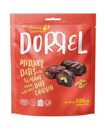 DORREL - Belgian Dark Chocolate Covered Dates (Medjool) with Walnuts Stuffing, High Energy Vegan Choco Snack, Delicious, Kosher 