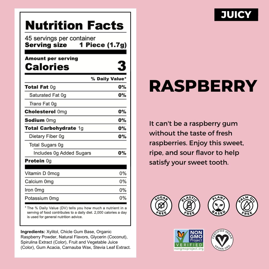 Refresh Gum, Natural, Xylitol, Sugar Free, Aspartame Free, Plastic Free, Organic Ingredients, Raspberry, 12 Pcs, 6 Pack