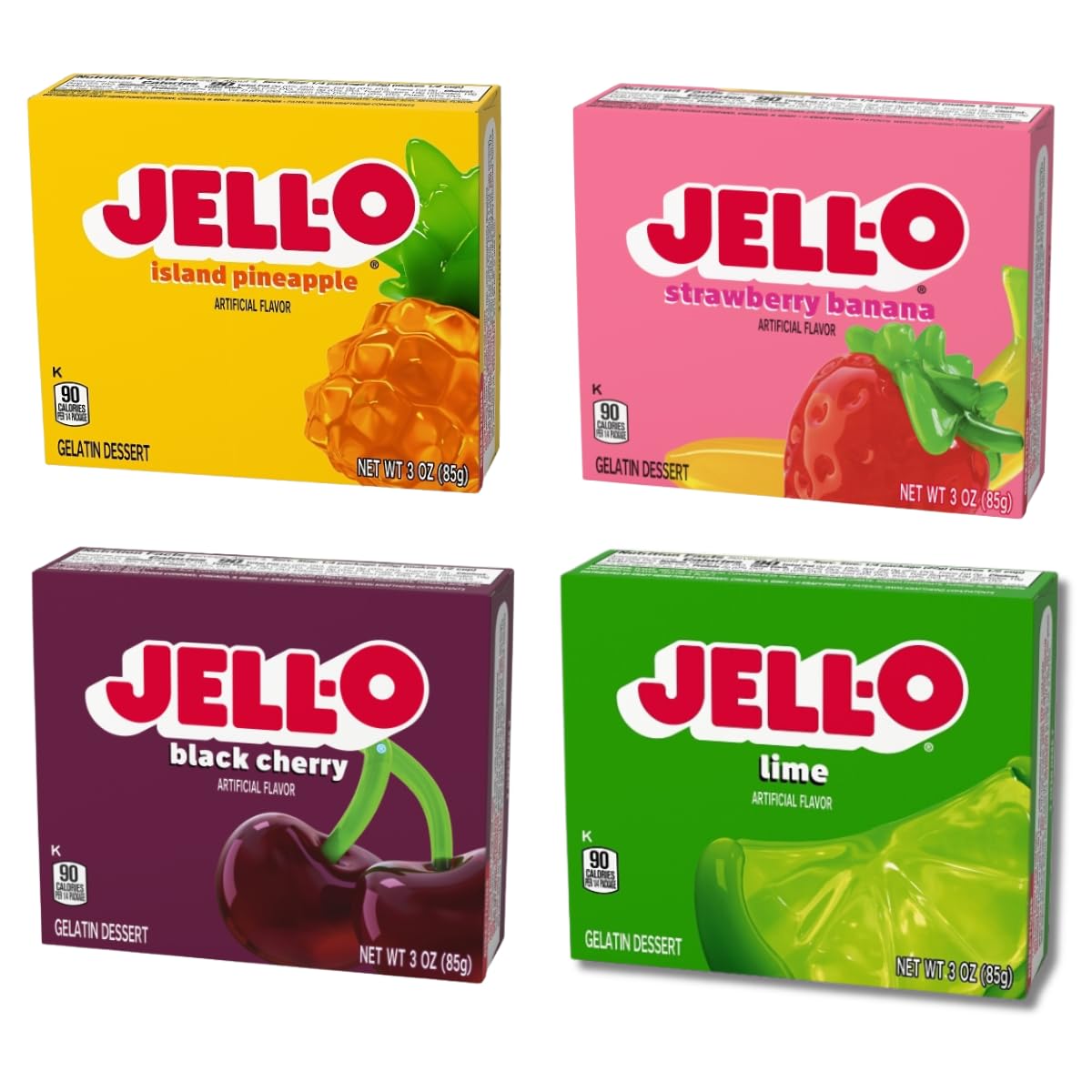 Gelatin Variety Pack, 4 Flavored Instant Jell Dessert Mix, Strawberry Banana, Pineapple, Black Cherry, and Lime (3oz/Pack of 4)