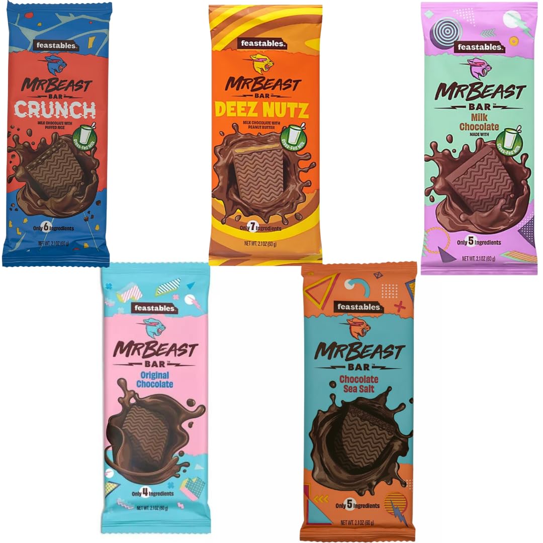 Feastables Mr Beast Chocolate Bars - New Deez Nuts Peanut Butter Crunch Chocolate, Milk Chocolate, Original Chocolate, Milk Choc