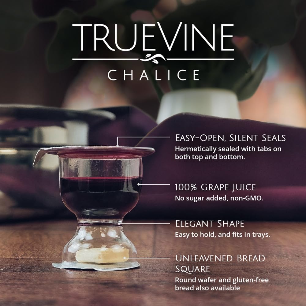 TrueVine Chalice Communion Cups and Wafer Set - Prefilled with Unleavened Bread & G  Juice - 100 Count - Clear - Model TC100JB