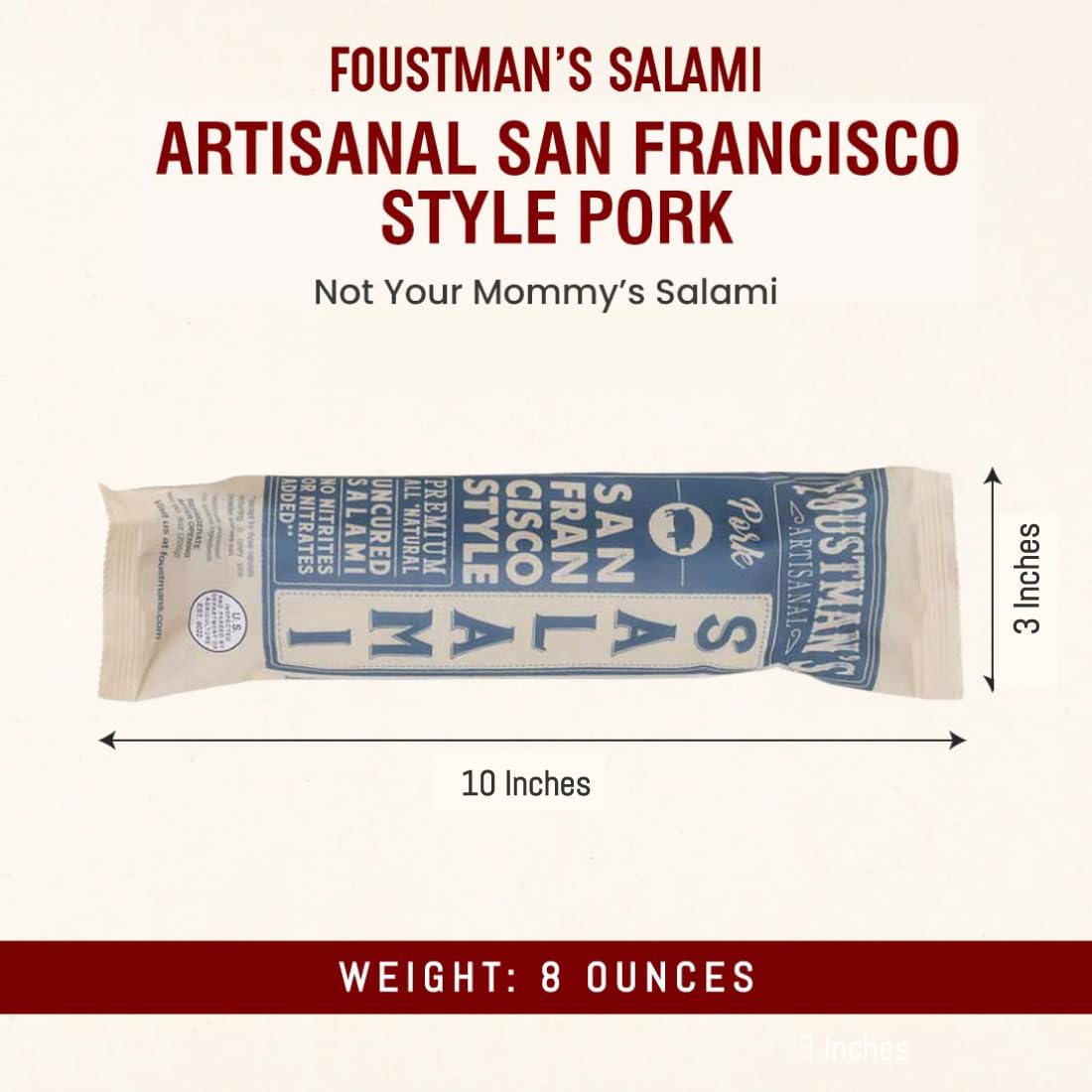 Foustman'S Salami Pork San Francisco Style Artisanal, Nitrate-Free, Naturally Cured, Gluten-Free, Dairy-Free, Pack Of 3, 8 Oz Ea
