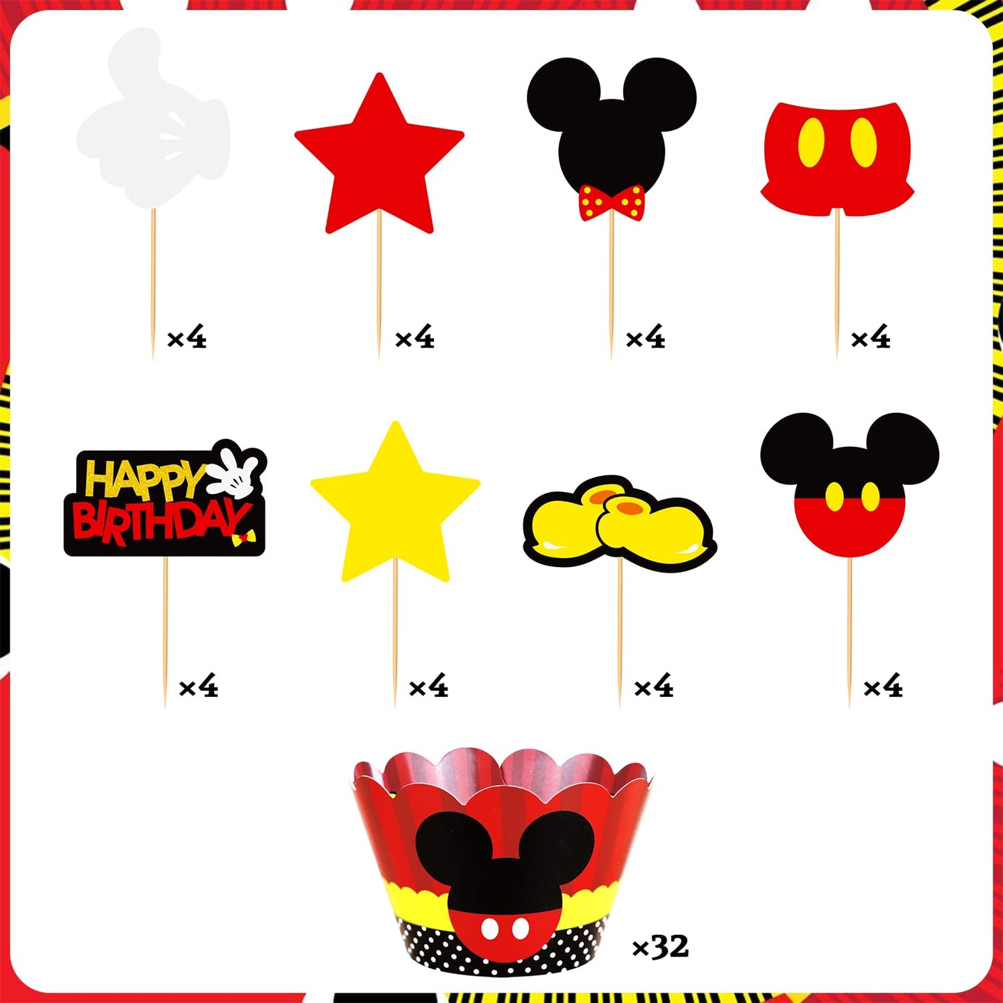 MOAXMOA Mickey Cupcake Toppers and Wrappers, Paper, 32 Toppers and 32 Wrappers, Perfect for Kids Birthday and Baby Shower Parties