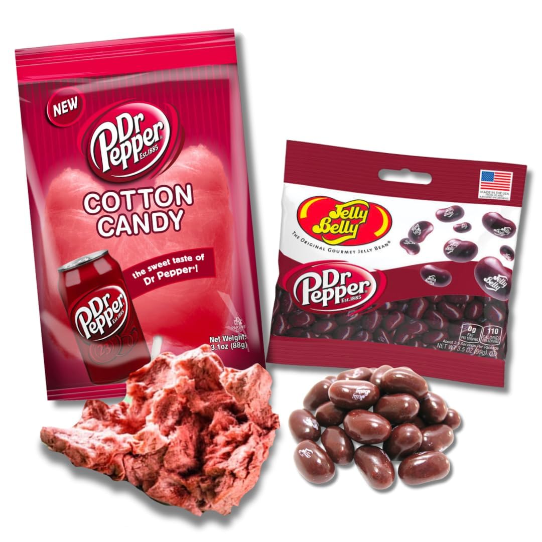 LYZAS SWEETS & TREATS Soda Lovers Gift Bundle - A&W Root Beer & Dr. Pepper Cotton Candy & Jelly Belly Beans, 3.1 oz & 3.5 oz
