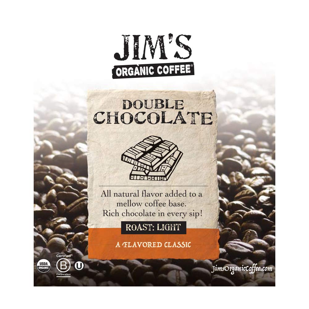Jims Organic Coffee Double Chocolate Ground Light Roast 12oz - 100% Arabica, USDA Organic, Ethically Sourced