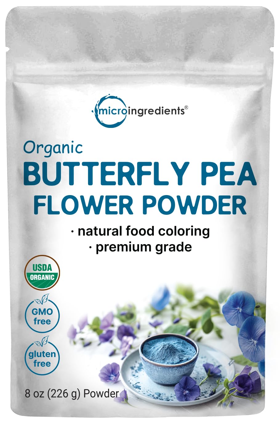 Micro Ingredients Organic Butterfly Pea Flower Powder, Caffeine-Free Herbal Tea, 8 oz, Non-GMO, Natural Blue & Purple Color