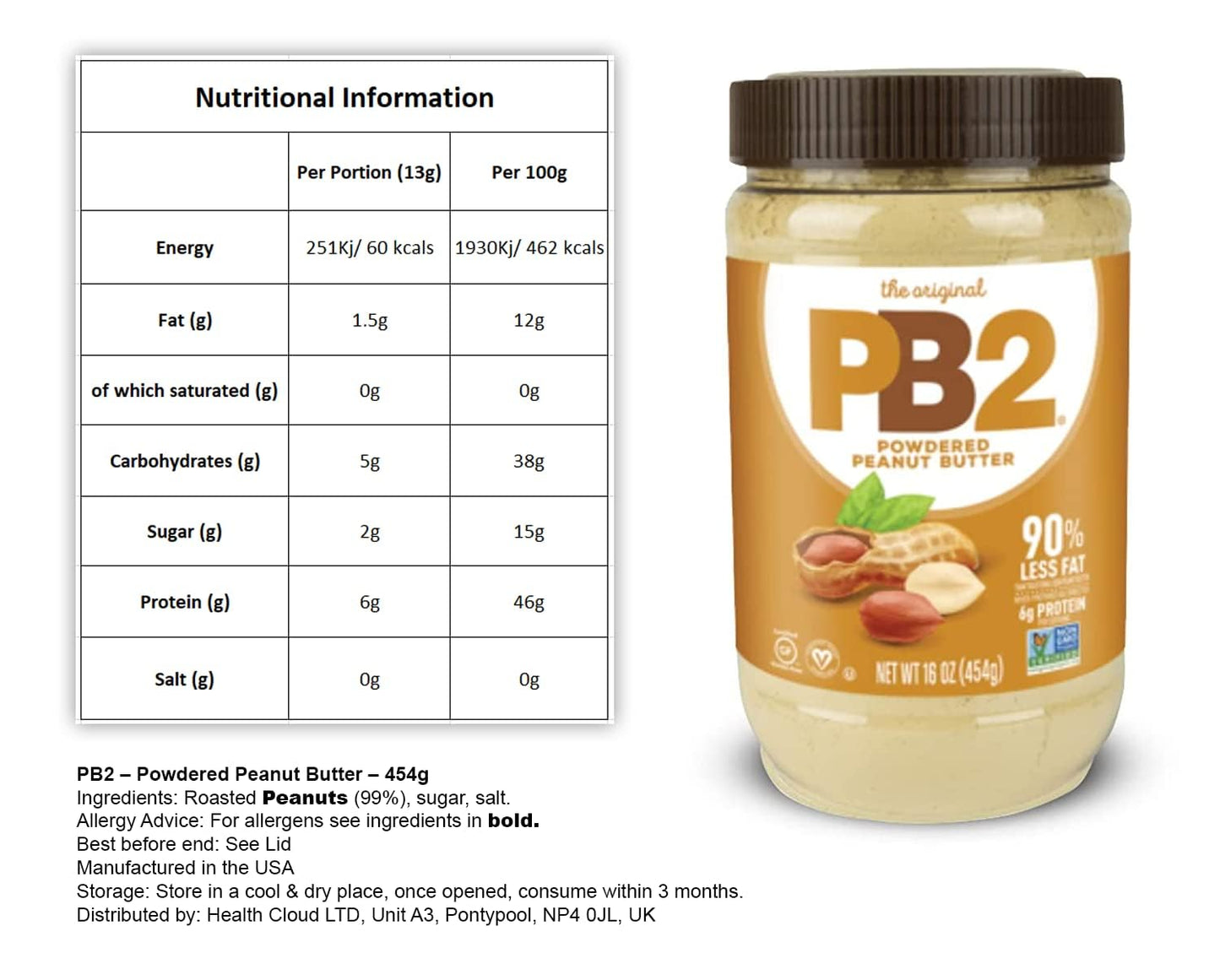 PB2 Original Powdered Peanut Butter - 16 oz Jar, 6g of Protein, 90% Less Fat, Certified Gluten Free, Only 60 Calories per Servin