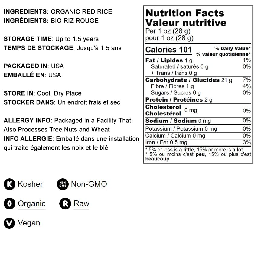Food to Live Organic Red Rice - Non-GMO, Whole Grain, Vegan - 3 Pound Pack