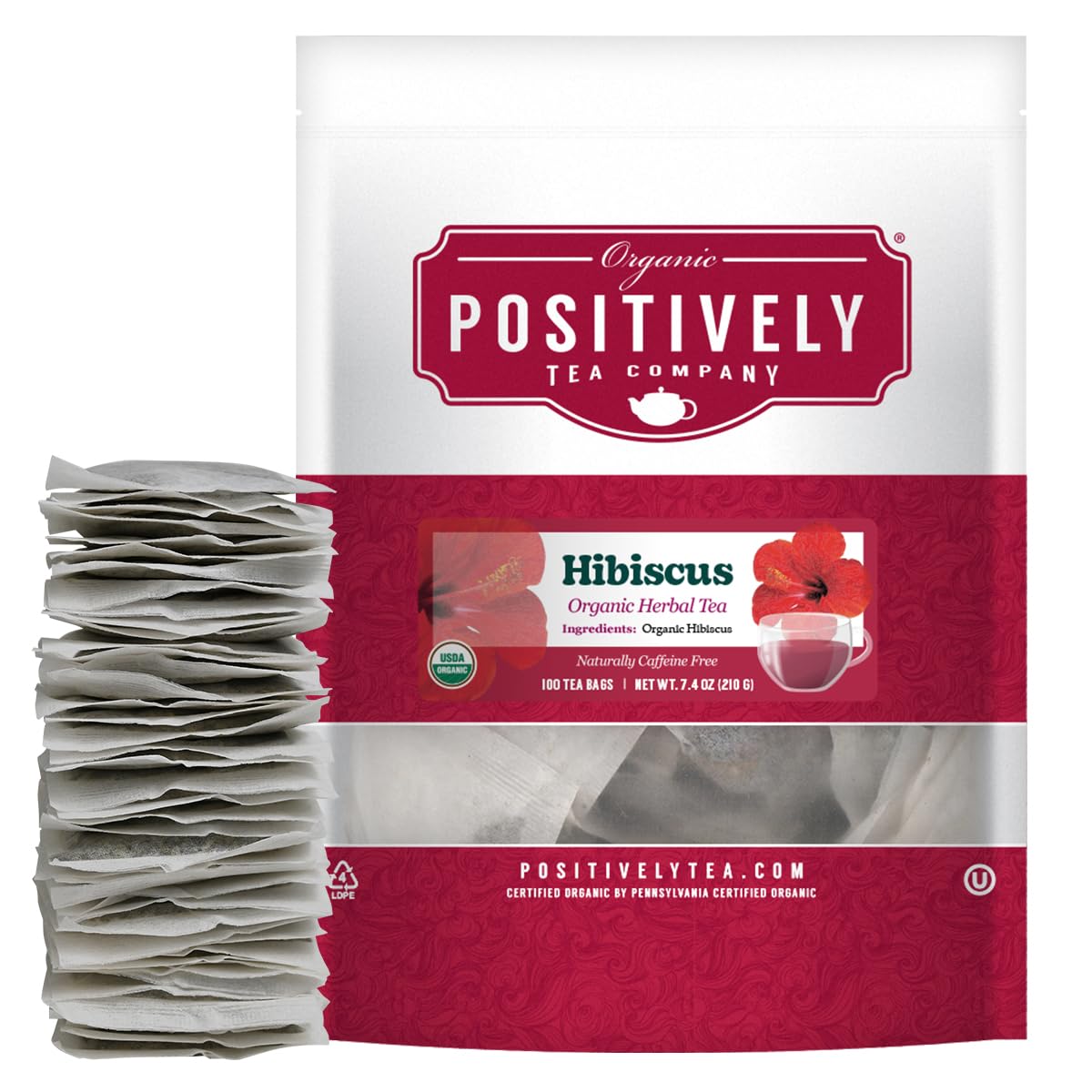 Organic Positively Tea Company Hibiscus Herbal Tea Bags, Non-GMO, Eco-Friendly, 100 Count