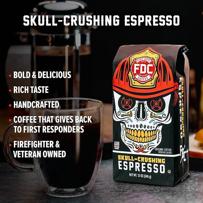 Fire Department Coffee - Gives Back to Firefighters - Skull Crushing Espresso Ground Coffee - Full-Bodied & Bold - Roasted in the USA - Handcrafted with enhanced Coffee Beans - Veteran Owned (12 oz  Pack of 2)