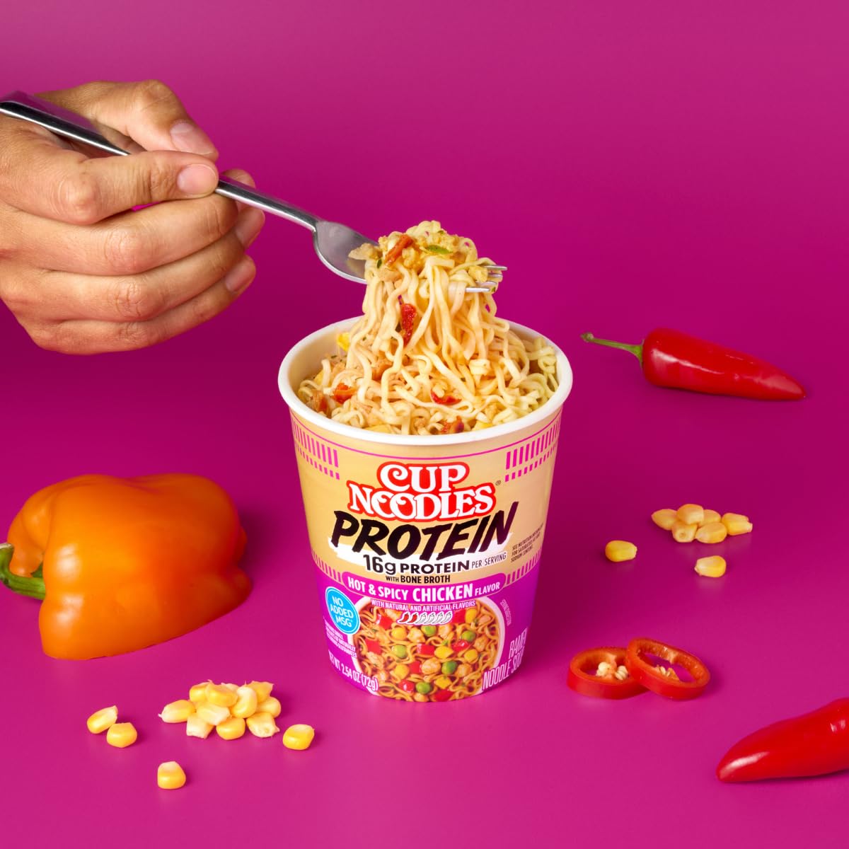 Nissin Cup Noodles Protein Ramen, Chicken Flavor Spicy Ramen with Bone Broth, 16g Protein, 2.54 Ounce Cup (Pack of 6)