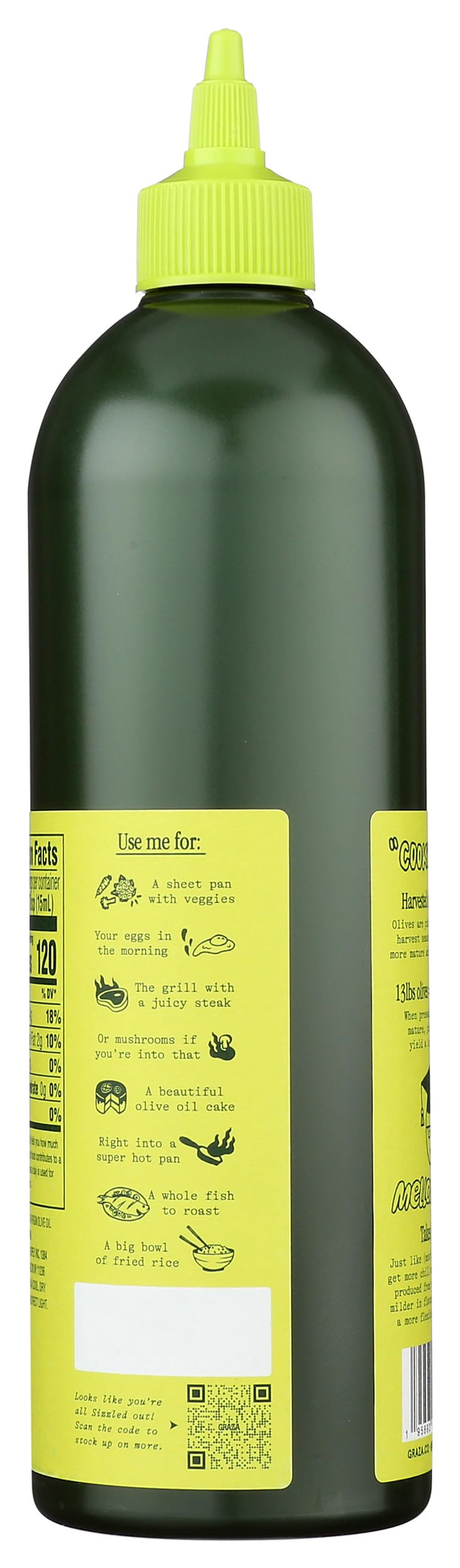 Graza Sizzle Extra Virgin Olive Oil, Cooking Oil - High Polyphenol Peak Harvest Evoo Cooking Oil In A Squeeze Bottle - Single Or